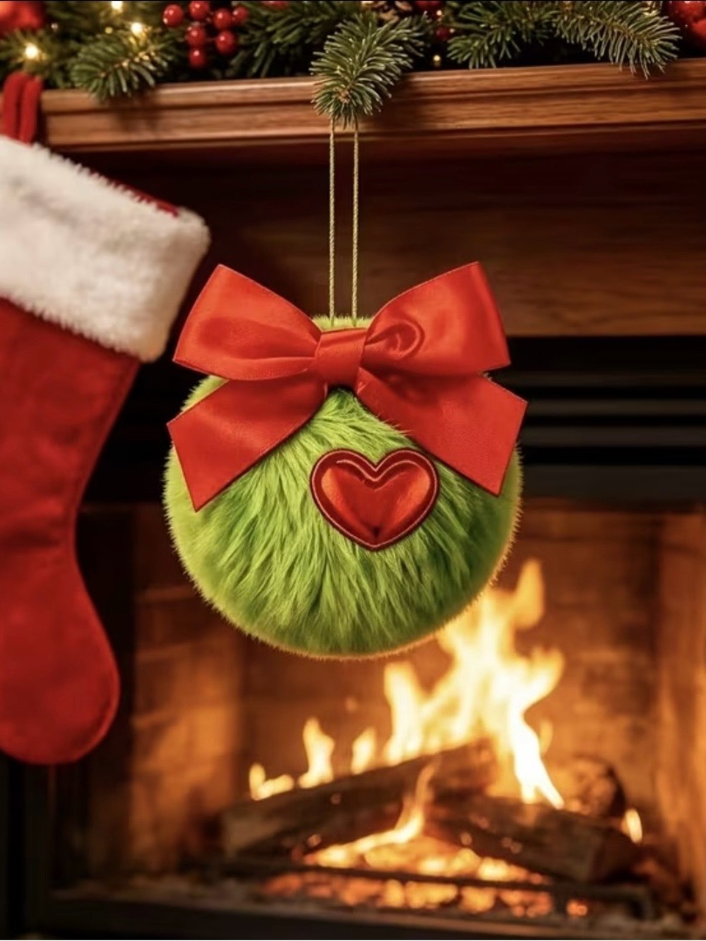 9 Christmas Plush Green Ornament with Red Bow and Heart – Holiday Home Decor - Picture 6 of 7